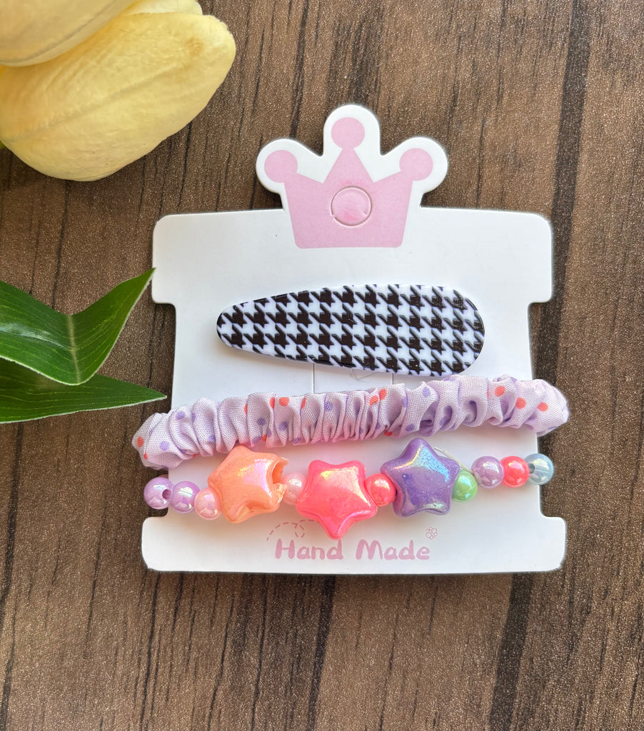 طقم أطفال حظاظة شكل نجوم + توكة استك مدكك قماش + تيك تاك اشكال عشوائي سعر الطقم ١٥